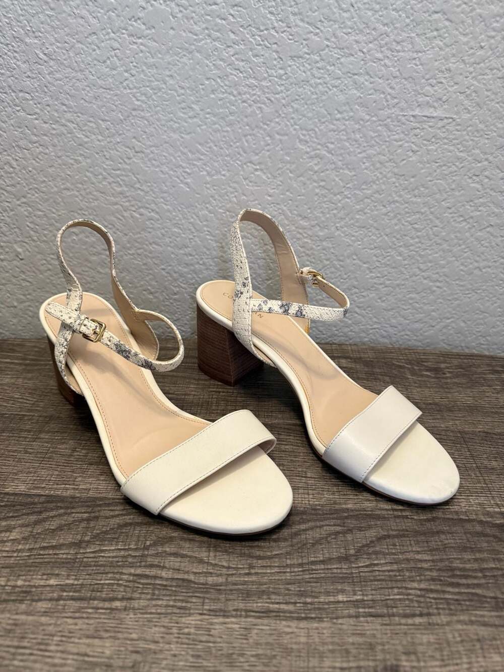 Cole Haan White Leather and Snakeskin Print Block Heel Sandals